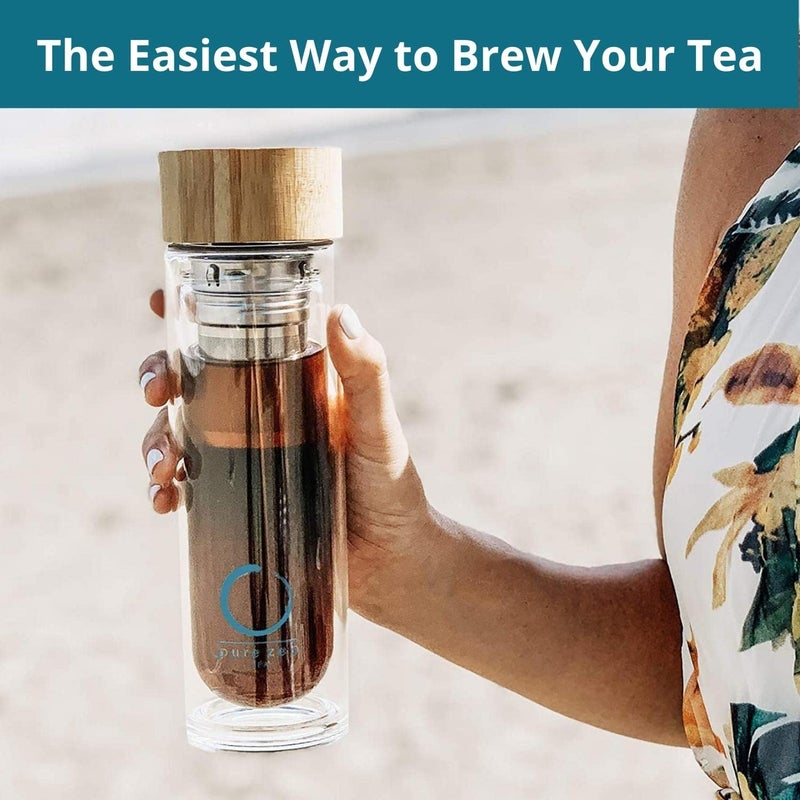 Pure Zen Tea Infuser Bottle - Insulated Glass Bottle for Loose Leaf Infusions - Tea Tumbler with Infuser - Portable Travel Mug for Infused Water - Thermos with Diffuser on the Go - 15 oz - Image 2